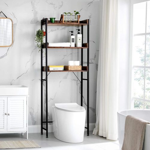 VASAGLE Vintage WC Polc 3 Nyitott Tárolóval Ipari Stílusú Barna-Fekete