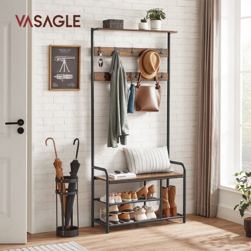 VASAGLE Industrial Előszoba Pad Fogassal Cipőtárolóval Rusztikus Barna-Fekete