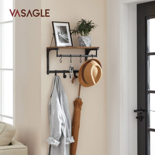 VASAGLE Vintage Fali Fogas Polccal és 8 Levehető Akasztóval Rusztikus Barna-Fekete