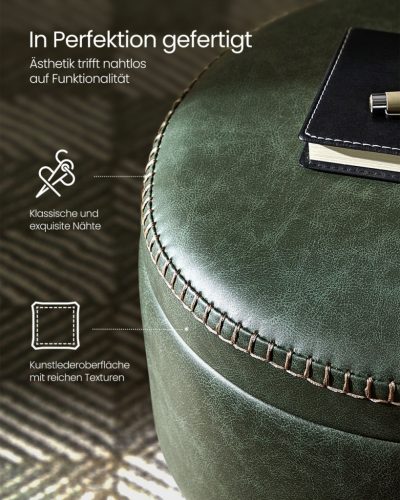 VASAGLE EKHO Tárolós Puff Mid-Century Modern Erdőzöld PU Bőr Ülőke Acél Lábakkal