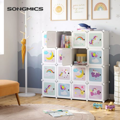 SONGMICS Unikornis Mintás Gyerekszoba Tárolószekrény 16 Kockával Fehér