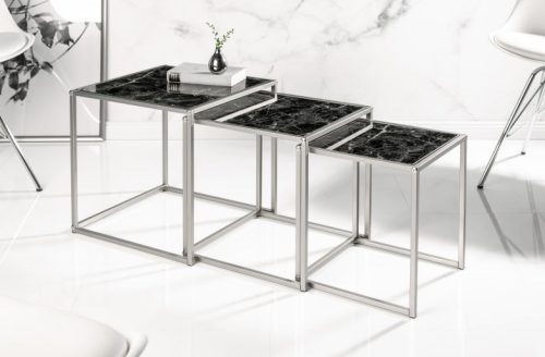 Invicta Elements Márvány Hatású Üveg Dohányzóasztal Szett Fekete Króm