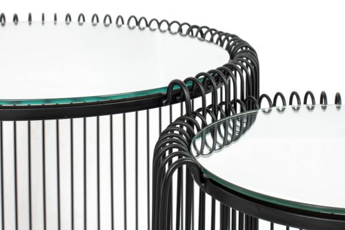 KARE Wire Double II Fekete Fém Dohányzóasztal Szett Tükrös Üveglappal