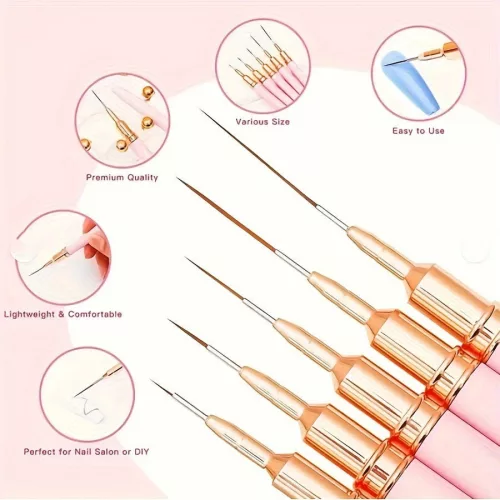 5db Rózsaszín/fekete Nail Art Ecsetek A Részletekért, Long Nail Art Line Ecsetek Manikűrzselé Finom Mintákhoz